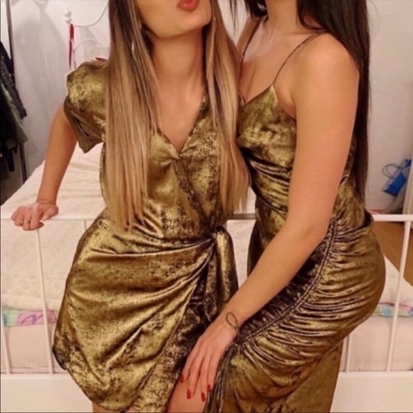 Zara Shimmery Gold Bronze Wrap Mini Cocktail Dress - Picture 9 of 11